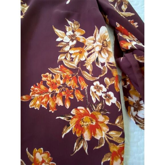 Daniel Rainn Split Neck Blouse Burgundy/Orange Floral Roll Tab Sleeve​ Size PXS - Picture 11 of 14